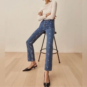 Dice embroidery high rise straight jeans